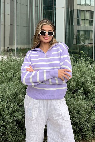 la & vetta Lilac Striped Zippered Knitwear Sweater