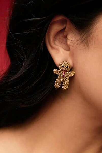 New Obsessions Yılbaşı Gingerbread Figürlü Zirkon Gömme Taşlı Çivi Küpe
