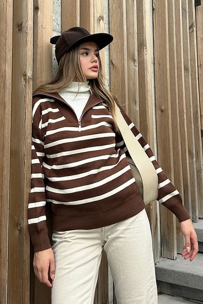 la & vetta Brown Striped Zippered Knitwear Sweater