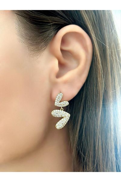 MyladyAccessoriess Zircon Stone Detailed Double Heart Dangle Earrings (Premium Series) Silver