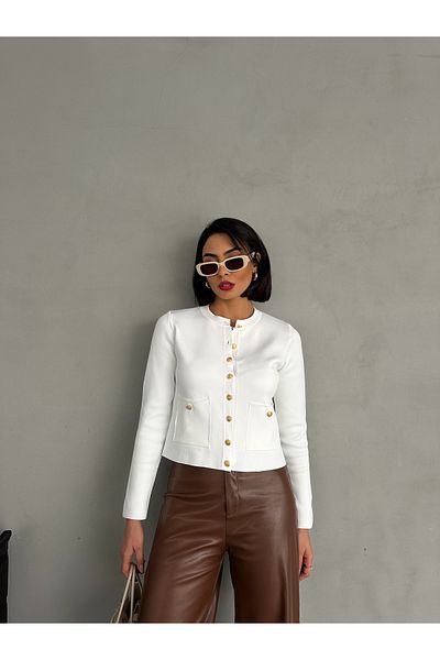 LOISY Women's Gold Buttoned Double Pocket Knitwear Cardigan
