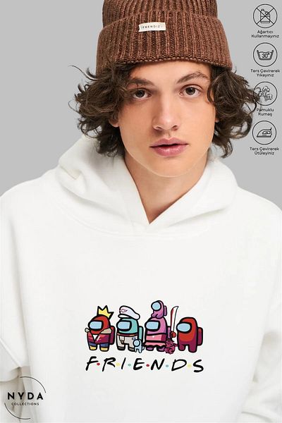 Nyda Collections Among Us Friends Printed Unisex φούτερ με κουκούλα - Μακρυμάνικο, Oversize βαμβακερό