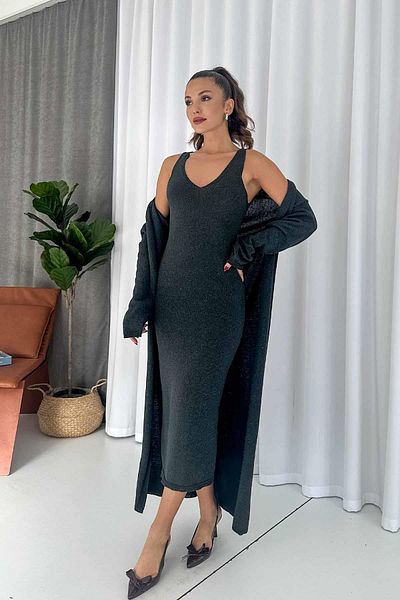 Mine Tan Butik Ανθρακί Πλεκτά Ζακέτα και Φόρεμα 2 τμχ Γυναικείο Σετ
