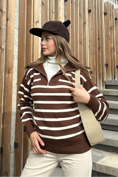 la & vetta Brown Striped Zippered Knitwear Sweater