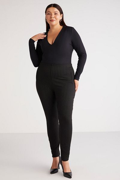 ETHIQUET Abrıellebb Women's Knitted Striped Slim Fit Skinny Leg Black - White Large Size Trousers