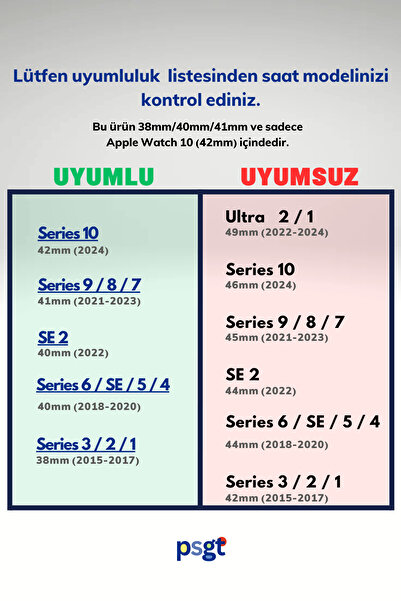 PSGT Apple Watch Seri: 1/2/3/4/5/6/se/7/8/9 (38-40-41MM) Ve Seri 10 (42MM) Uyumlu Silikon Kordon Dilekli