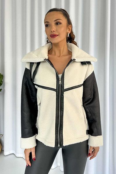 Mine Tan Butik White Teddy Coat - Leather Detailed