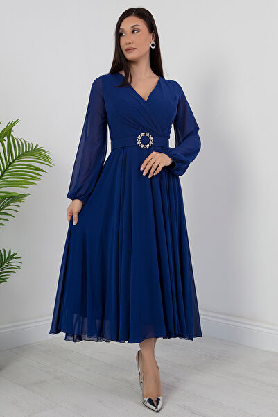 PULLIMM Uzun Kol Kruvaze Yaka Şifon Elbise DNS1641