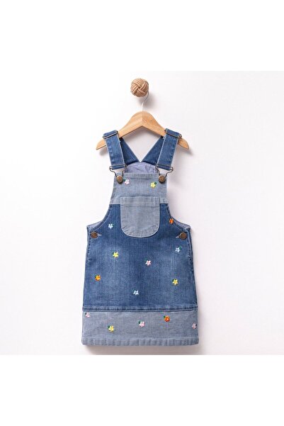 bebegen Girl's Blue Floral Embroidered Denim Gilet Salopet Dress