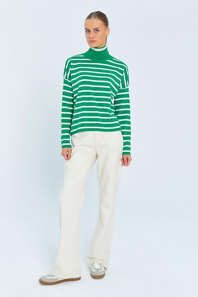 Mixray Green Striped Turtleneck Sweater - Women's 6802