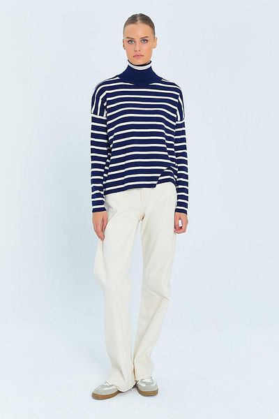 Mixray Navy Blue Striped Turtleneck Women's Knitwear Sweater - 6802