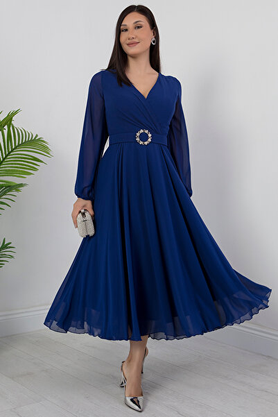 PULLIMM Uzun Kol Kruvaze Yaka Şifon Elbise DNS1641