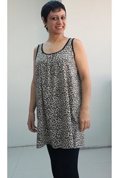 Mertcan Butik Brown Black Leopard Print Viscose T-Shirt with Gathered Front and Back