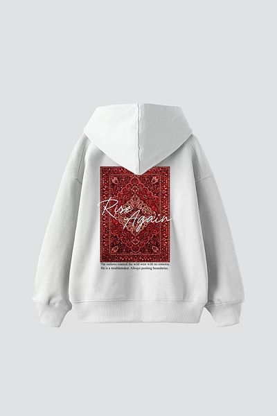 Bak Moda Rise Again Printed Oversize Unisex Premium White Hoodie