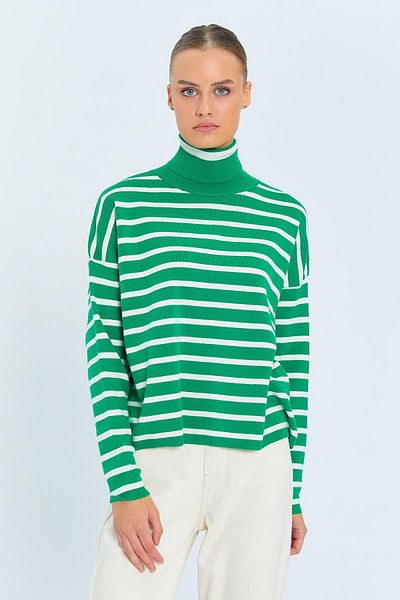 Mixray Green Striped Turtleneck Sweater - Women's 6802