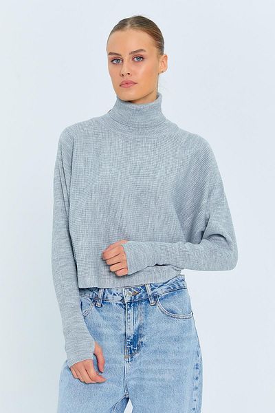 Mixray 6811 Gray Turtleneck Finger Snap Knitwear Women's Sweater