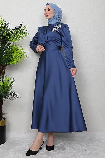 GİZ AGİYİM Dark Indigo Satin Evening Dress with Stones on the Shoulder