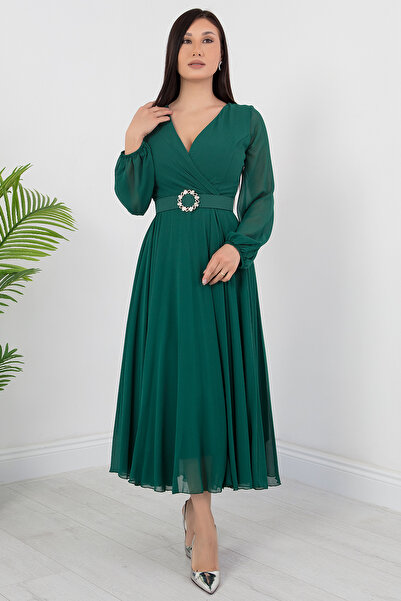 PULLIMM Uzun Kol Kruvaze Yaka Şifon Elbise DNS1641