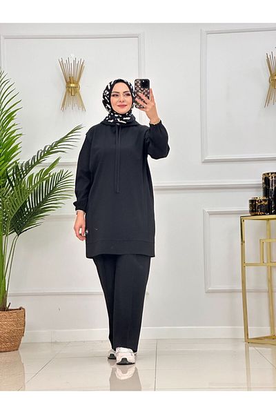 VALENS BOUTİQUE Hijab Suit Double Tunic Pants Set Hooded String Detailed Tunic