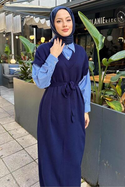 Oven Poplin Detaylı Triko Elbise - Lacivert