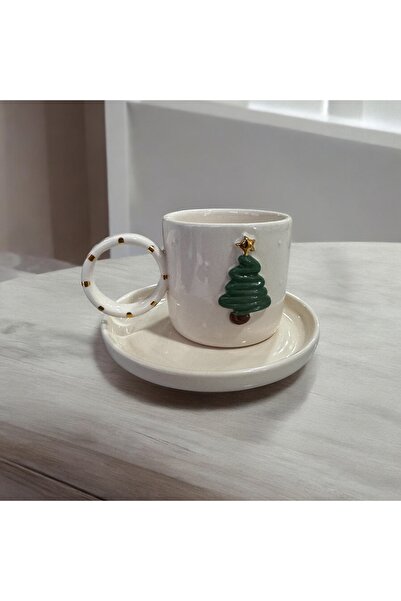 Hals Seramik Çam Ağaçlı Yılbaşı Türk Kahvesi Fincanı