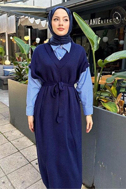 Oven Poplin Detaylı Triko Elbise - Lacivert