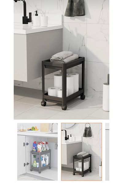 LeesHome 2-етажен органайзер с колелца, черен шкаф за баня, кухненски плот и дъно за мивка, държач за препарат