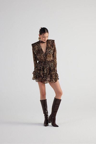 HOLLY LOLLY Leopard Patterned Kaia Skirt with Asymmetric Cut Shorts - Brown