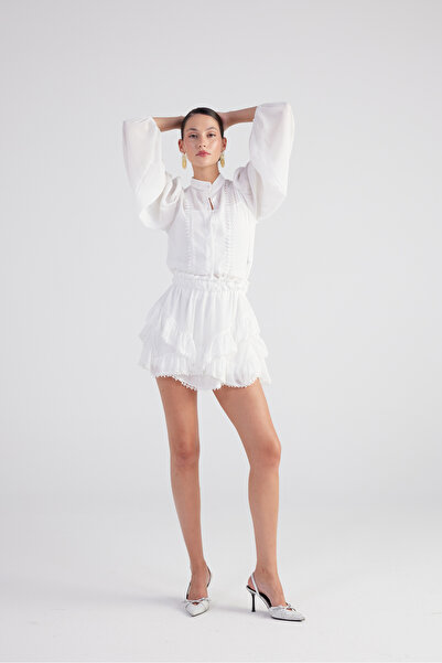 HOLLY LOLLY Embroidery Detailed Asymmetrical Cut Lined Mini Pixie Skirt White