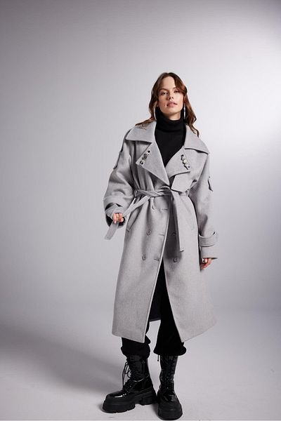 HOLLY LOLLY Accessory Detailed Wool Blend Maxi Length Woody Coat Gray