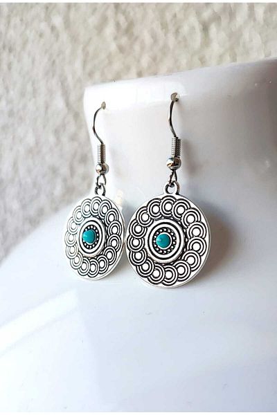 NHOUSE Turquoise Turquoise Stone - Circle Shaped Dangle Retro Earrings