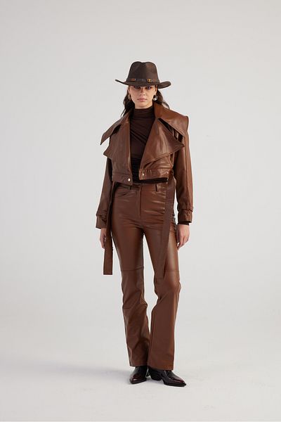 HOLLY LOLLY Braune Dolores-Hose aus Leder mit hohem Bund für Damen