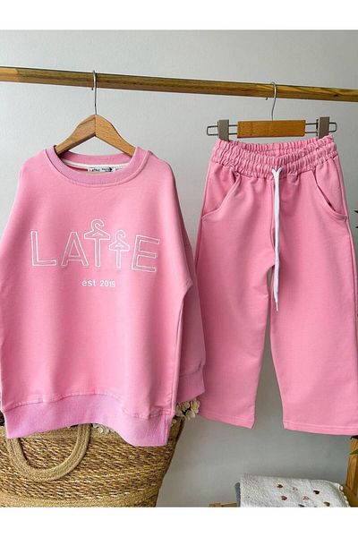 TRENDİMİZBİR Unisex Παιδικό Κεντητό Κεντητό Τσέπη Latte Ροζ Κάτω Σετ