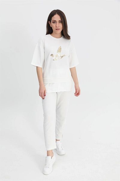 GIDY Bird Printed Grassy Set - Elastic Waist T-Shirt and Trousers - Ecru