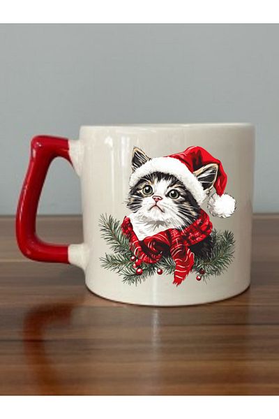 lili hediyelik Cute Cat in New Year's Eve Printed Red Handle Mug Cup Christmas New Year's Gift