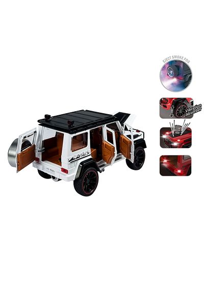 FEN TOYS سيارة مرسيدس بنز G63 بيضاء للطرق الوعرة مقاس 1:22 معدنية مع عادم صوت خفيف سموكي