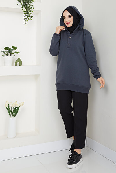 AHUNUR Tesettürde Mutluluk Removable Hooded 3 Thread Raster Sweatshirt