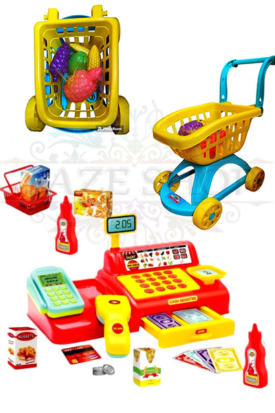 SAZE MARKET ARABASI 5 ADET FILEDE MEYVE İLE + 40 PARCA YAZAR KASA SETİ İLE AL...