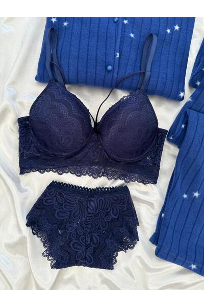 Lena Homewears Lacivert İç Çamaşırlı Yıldız Desenli Düğmeli Polar Pijama Takımı