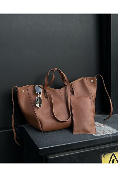 TECER Women's Tan Wallet Detailed Snap Closure Hand and Shoulder Strap Tote Bag