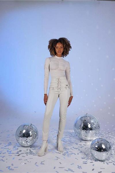 HOLLY LOLLY Eyelet Detailed Zippered Hems Raised Vegan Leather Rebel Trousers Ecru