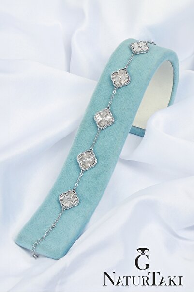 Naturtakı Kadın Gümüş Bileklik Yonca Modeli Özel Kalem Işçilikli Kararmaya Ka...