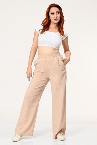 Moda1001 Bež Lan pantalone - Quzu elastični struk