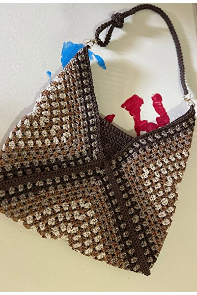 Patiska Tasarım El Örgüsü, Kahverengi Polyester Makrome Kol Çantası, Mini Çan...