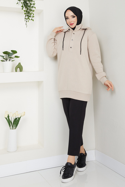 AHUNUR Tesettürde Mutluluk Çıkarabilir Kapşonlu 3 İplik Şardonlu Sweatshirt