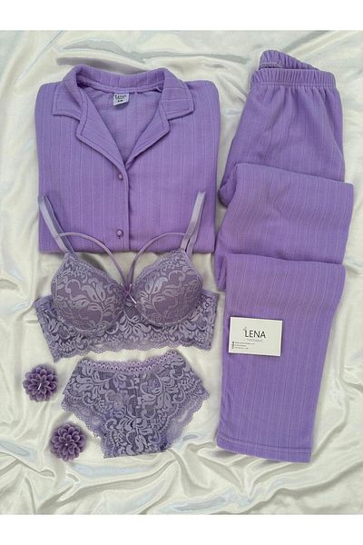 Lena Homewears Set de pijamale pentru femei din lână cu nasturi în față cu lenjerie de corp liliac
