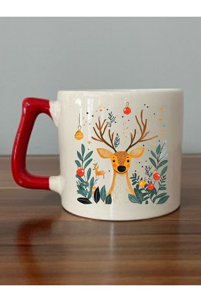 lili hediyelik Cute Deer Printed Red Handled Mug Cup Christmas New Year Gift