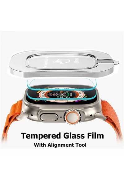 MMP SHOP Apple Watch Ultra 49mm Uyumlu Kolay Kurulum Aparatlı Temperli Cam Ek...
