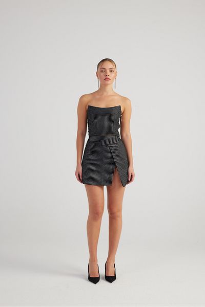 HOLLY LOLLY Slit Asymmetric Waist Glittery Striped Eden Mini Skirt Black