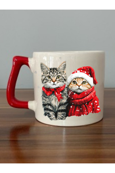 lili hediyelik Sevimli Kediler Basklı Kırmızı Kulplu Kupa Bardak Yılbaşı Yeni...